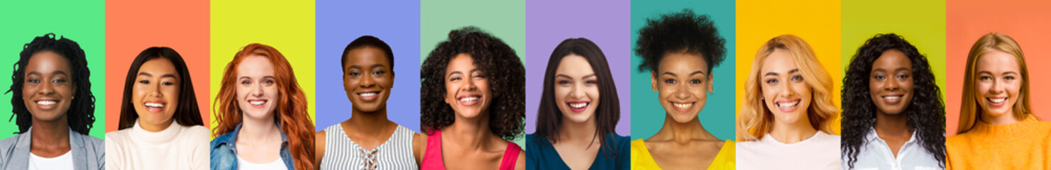 Collage of young international women smiling over colorful backgrounds