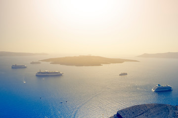 Cruise Ships Parking in Sanrtirni Island for Sunset Observation in Fira (Thira) City