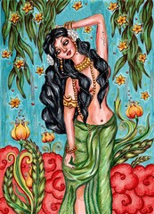 Indian traditional painting of woman in nature, Kerala mural style with beautiful ornamental background © Katya Suresh