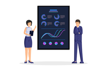 Businesswoman presentation vector illustration. Data analytics and business strategy concept. Corporate report with colorful rising charts, diagrams, infographic, statistics information