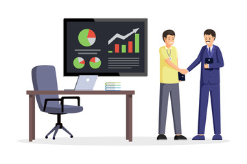 Business partners shaking hands illustration. Office interior with desk, chair, laptop and board with charts. Business strategy negotiations, agreement, businessmen successful partnership concept