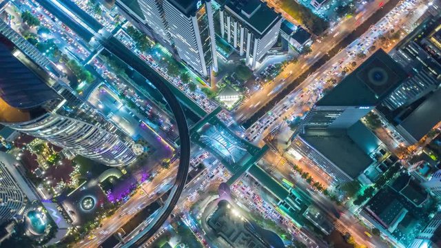Time lapse,Hyper lapse , Of traffic on city streets in Thailand. Aerial view and top view Expressway with car lots.