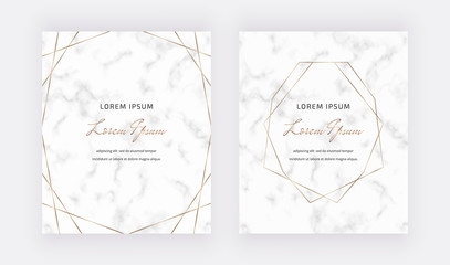 Golden polygonal lines and geometric frames on the marble texture. Modern design for backgrounds, wedding invitation, product package, brochure, menu, banner, card, flyer.