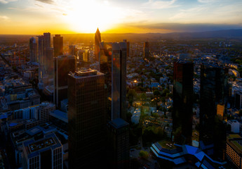 Aerial view over the skyscrapers of  Frankfurt at sunset