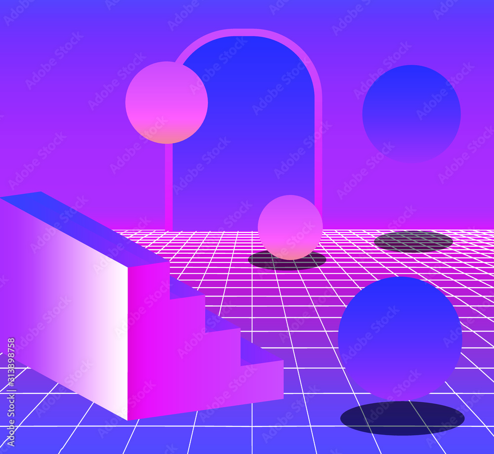 Fototapete retrowave/ vaporwave/ synthwave style illustration with staircase and arch on laser grid with floati