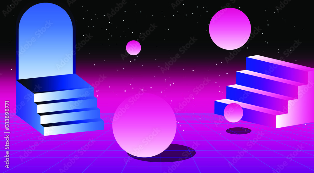 Poster Retrowave/ vaporwave/ synthwave style illustration with staircase and arch on laser grid with floating in zero gravity spheres above. Surreal retrofuturistic backround.