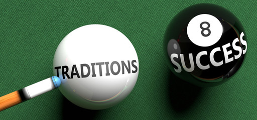 Traditions brings success - pictured as word Traditions on a pool ball, to symbolize that Traditions can initiate success, 3d illustration