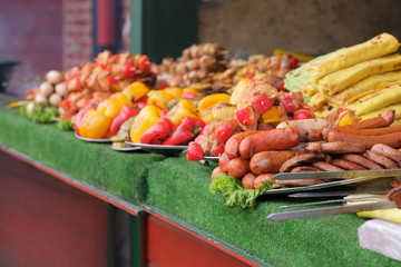 Street trading Christmas grilled meat and vegetable snacks