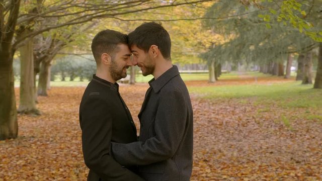 young gay couple flirting and kissing at the park