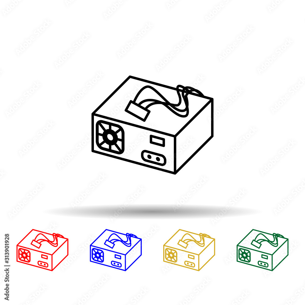 Poster pc power supply multi color style icon. simple thin line, outline vector of computer parts icons for