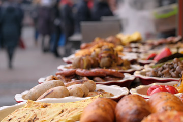 Street trading Christmas grilled meat and vegetable snacks