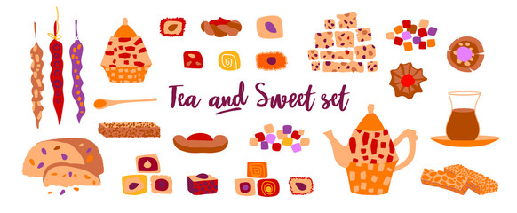 Vector set of oriental sweets and arabic tea party. Desing for a card or poster for a holiday invitation. Kettle, tea, hands and treats in cartoon flat style isolated on a white background