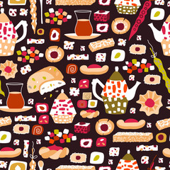 Vector seamless pattern of arabic sweets and oriental tea party. Background for a card or poster for a holiday invitation. Kettle, tea and treats in cartoon flat style isolated on a dark background