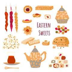 Vector set of oriental sweets and arabic tea party. Desing for a card or poster for a holiday invitation. Kettle, tea, hands and treats in cartoon flat style isolated on a white background