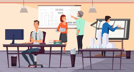 Architect office in institute and working people