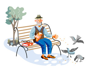Old man feeding birds flat vector illustration. Aged person, retiree sitting on bench in park cartoon character. Grandfather resting in park, fresh air recreation. 