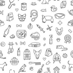 Pet store dogs, cats, birds, other domestic animals seamless pattern