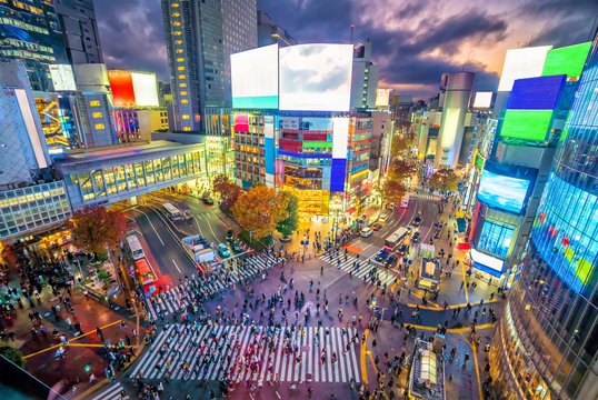 Shibuya Crossing from top view at twilight in Tokyo