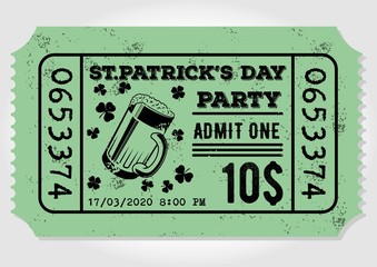 Saint Patrick's Day party ticket or admit one design template. Vintage style vector illustration