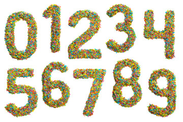 Set of numbers / digits isolated on white background made of colourful confetti