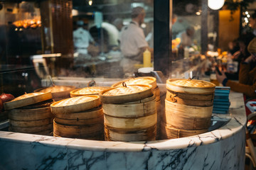 Dim sum steamers at a Chinese restaurant in Bangkok, Thailand