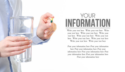 Capsules pills and glass of water medicine in woman hand on white background, pharmacy concept, space for text