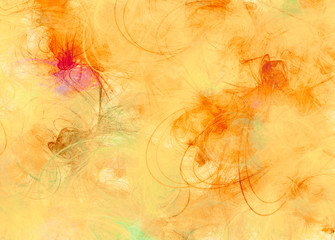 Orange artistic painting texture. Dynamic stains of paint in red and yellow colors. Multicolor pattern. Mixed media art.