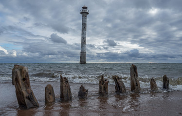 Skew lighthouse in the Baltic Sea. Kiipsaar, Harilaid, Saaremaa, Estonia, Europe.