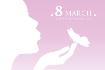 young girl with butterfly silhouette womans day 8th march vector illustration EPS10