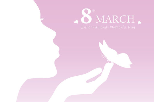 young girl with butterfly silhouette womans day 8th march vector illustration EPS10