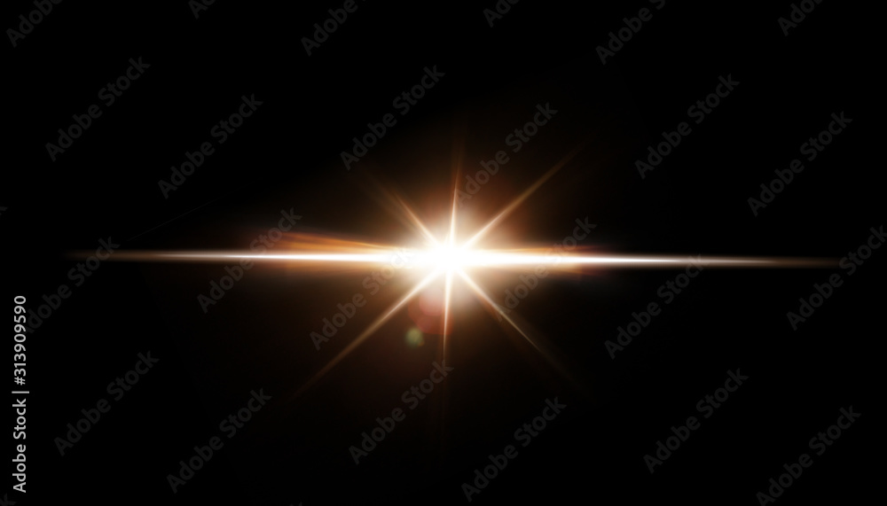 Poster Lens Flare. Light over black background. Easy to add overlay or screen filter over photos. Abstract sun burst with digital lens flare background. Gleams rounded and hexagonal shapes.
