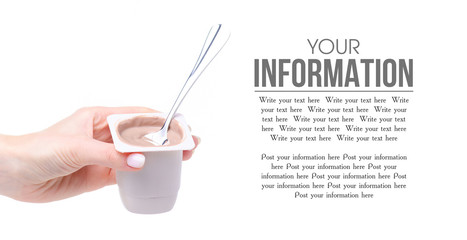 Chocolate truffle yogurt in hand on a white background. Isolation, space for text