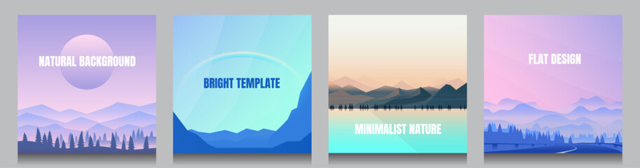 Minimal vector backgrounds set of 4 landscapes. Social media, blog post templates. Gradient forest and mountains, rainbow in wilderness,  water near hills. Abstract minimal futuristic illustration