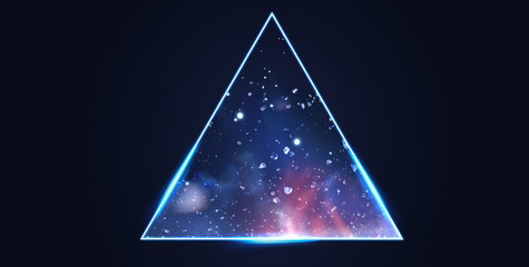 Abstract dark geometric background. Black minimalism. Blue neon triangle. Free space for text.