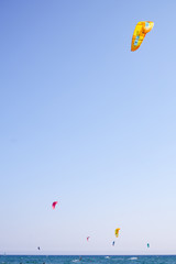 Kite surfing or Kite boarding, adventure surface water sport, combination of the wake boarding, windsurfing, surfing, paragliding, and gymnastics into one extreme sport