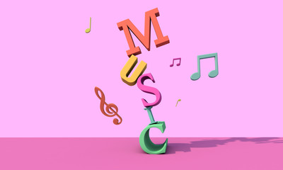 3d render letters . Musical background concept