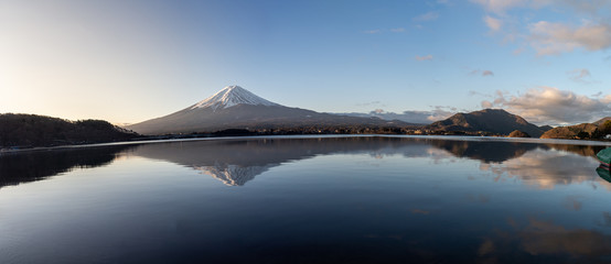 Panorama view of the morning light on January 1, 2020. Mount Fuji, Lake Kawaguchiko, Japan