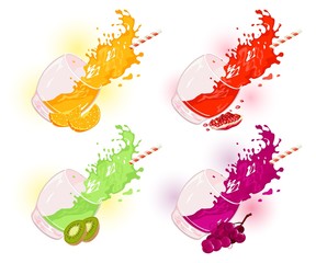 Vector set with falling glass cups, yellow, red, green, purple splashes of juices or cocktails and fruits, berries orange, pomegranate, kiwi, grape. Collection on background in watercolour style.