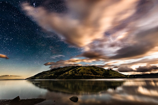 Scenic view of starry night sky over Pepin Island, New Zealand