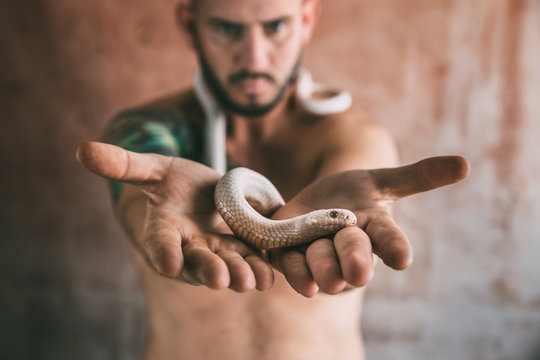 Tattooed man holding his hands to a snake