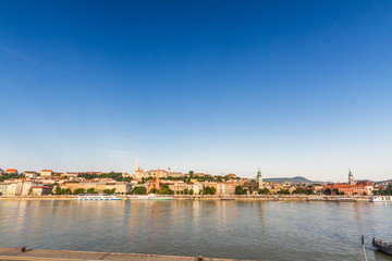 Dawn Danube and Budapest cityscape with copyspace.