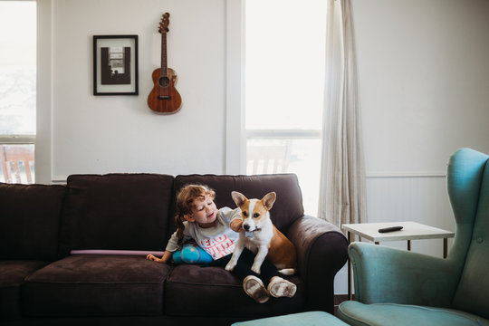 Young girl playing with corgi puppy on couch in living room