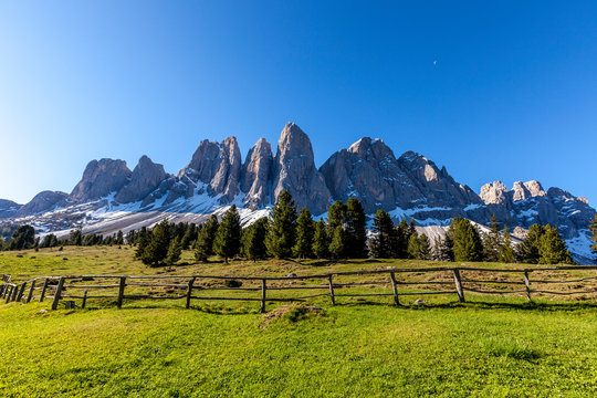Odle from green meadows of Glatschalm, Dolomites, Funes, South Tyrol