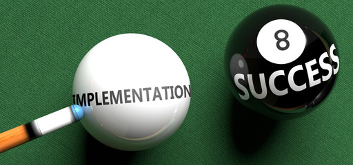 Implementation brings success - pictured as word Implementation on a pool ball, to symbolize that Implementation can initiate success, 3d illustration