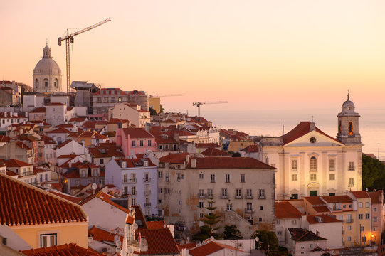 Lisbon, Portugal. December 30, 2019. Lisbon old town. View of the Pantheon and the church. Dawn Lisbon.