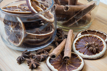 Dried citrus fruits with cinnamon, star anise on white background. Mulled Wine Ingredients.