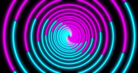 Neon Circle background with LED Fluorescent tunnel. Ultraviolet abstract blue, purple color. . 3D illustration
