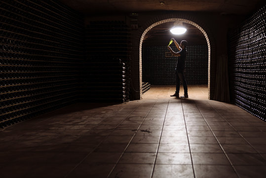 Man in wine cellar checking bottle on light