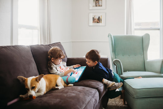 Young boy and girl sitting on couch with corgi pupply and tablet
