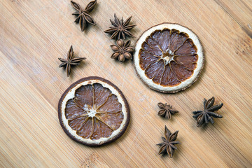 Dried citrus fruits with cinnamon, star anise on white background. Mulled Wine Ingredients.